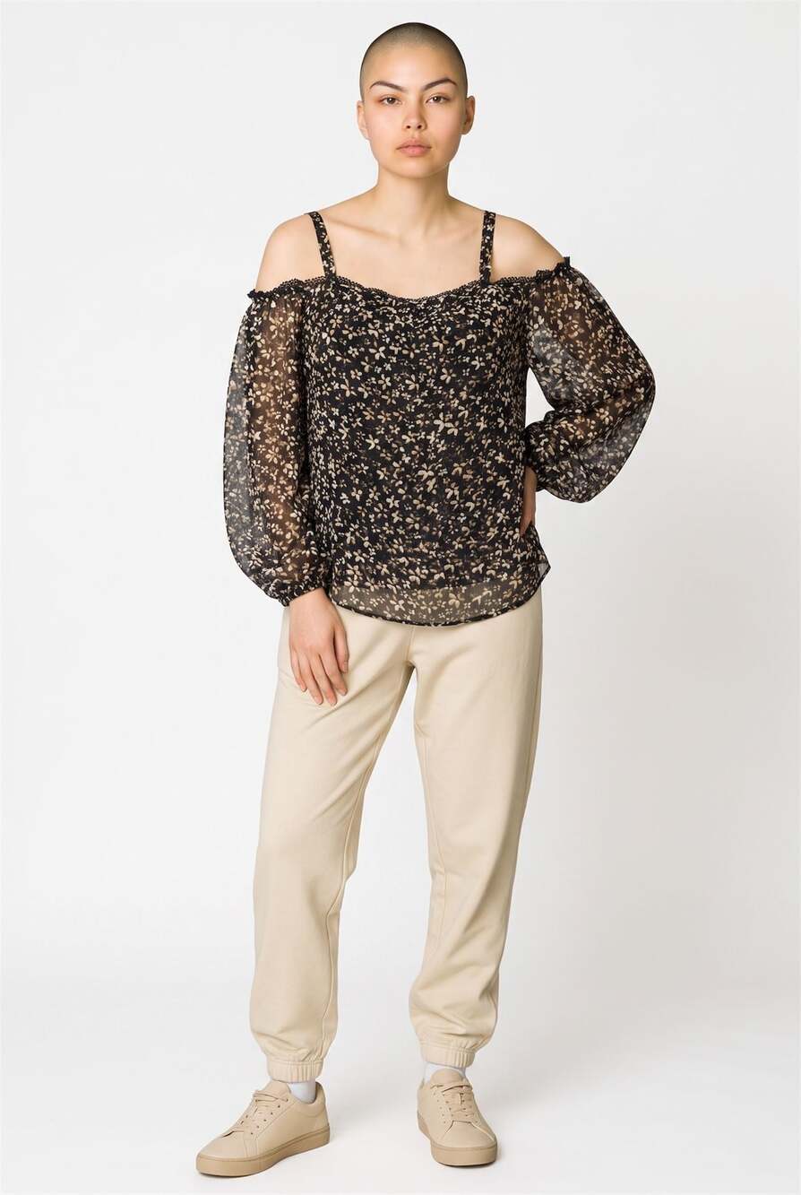 Express Women's Black Floral Print Off-the-Shoulder Long Sleeve Chiffon Blouse